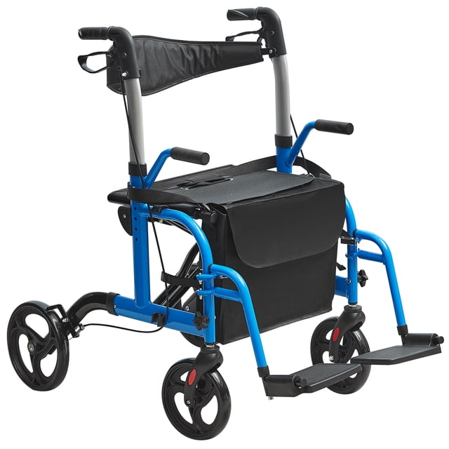 VEVOR Déambulateur 2 en 1 et Fauteuil de Transport pour Aînés en Bleu, Conçu pour les Aides à la Mobilité et l'Utilisation en Fauteuil Roulant de Transport. Doté d'Un Cadre en Aluminium Léger, de Poignées Ajustables et d'Un design Pliable. Comprend des Roues avant de 8 Pouces, des Roues Arrière de 10 Pouces, une Bande Antidérapante pour la Mobilité Tout-Terrain, des Repose-Pieds, un Siège Spacieux et un Sac de Rangement pour Plus de Commodité.