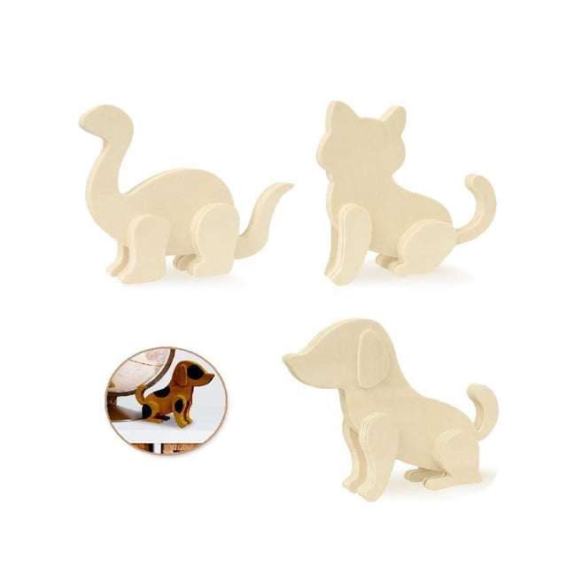 Asst d'Animal Debout en Bois DIY avec Trois Figurines d'Animaux en Bois Non Peintes en Forme de Dinosaure, Chat et Chien, Chacune Conçue pour Se Tenir Debout, Montrée avec un Petit Encart d'Un Exemple de Chien Peint, Idéale pour les Activités d'Arts et de Bricolage pour Enfants à la Maison, à l'École Ou au camp.