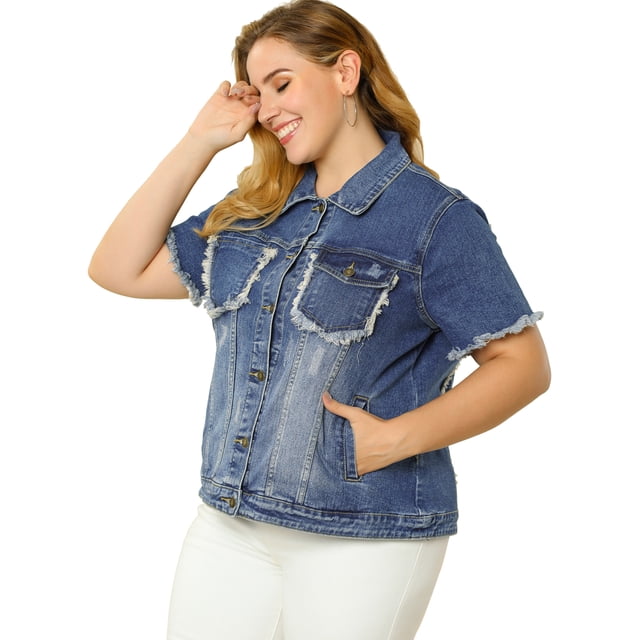 GRACE & GRANDEUR Women's Plus Size Short Sleeve Denim Jacket with Pockets