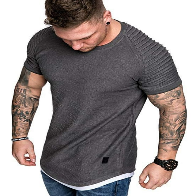 Men Solid Slub Cotton Pleated Short Sleeve Slim Fit T Shirt