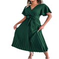 thumbnail image 3 of Women Casual Long Dress V Neck Short Sleeve Pleated Dress with Belt, 3 of 7