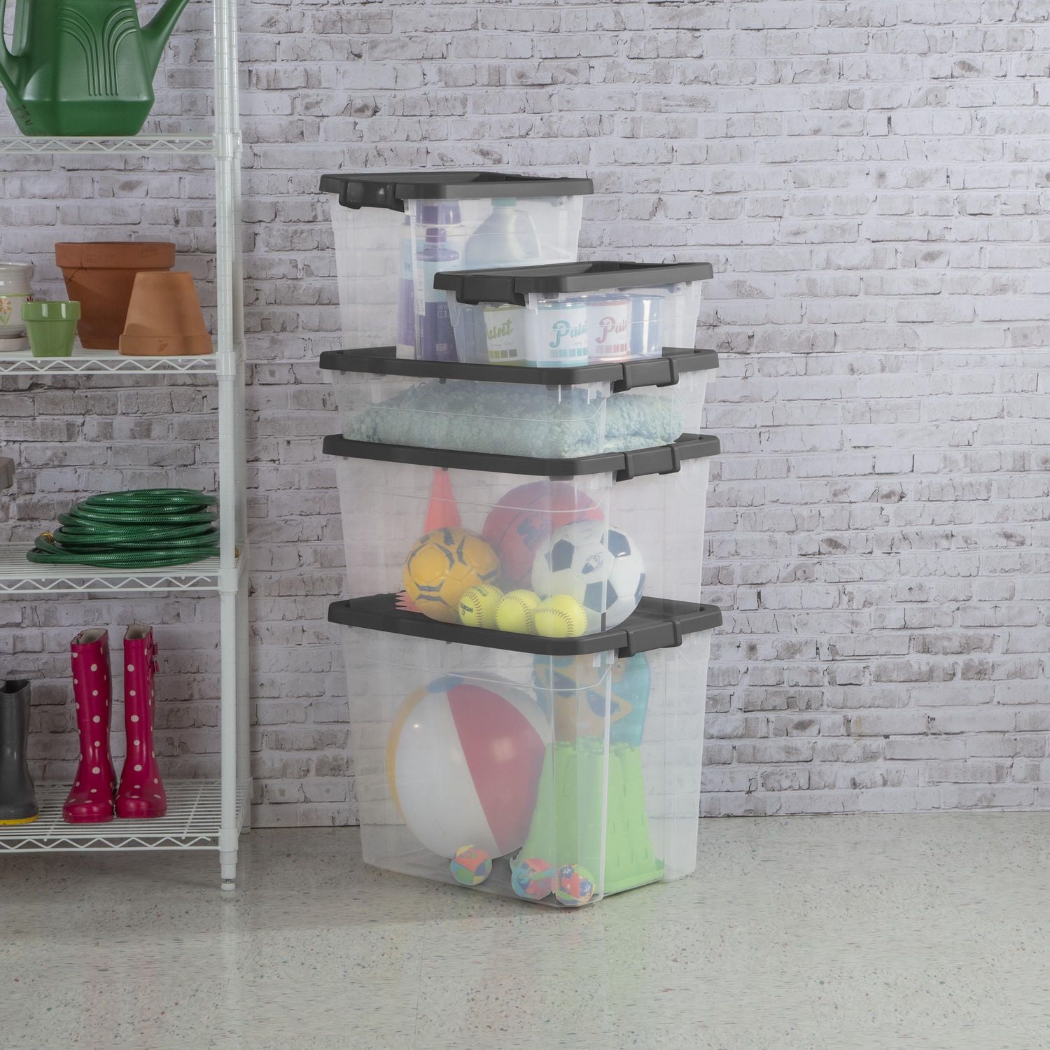 Sterilite 15 L Stacker Box, Durable Clear Plastic Storage Bin with Latch Lid, Dark Gray