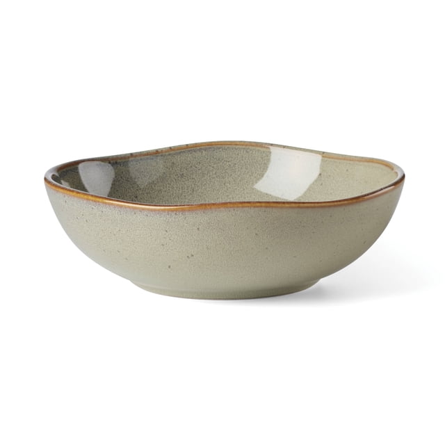 Oneida 365 Bol Polyvalent Vert Teintes Biologiques en Grès avec Fini Vert Moucheté et Rebord Brun, 2 Pouces de Hauteur et 7 Pouces de Diamètre, Présenté en Profil 3/4 sur Fond Blanc, Va au Lave-Vaisselle et au Micro-Ondes, Convient pour Servir des Céréales Ou des Collations.