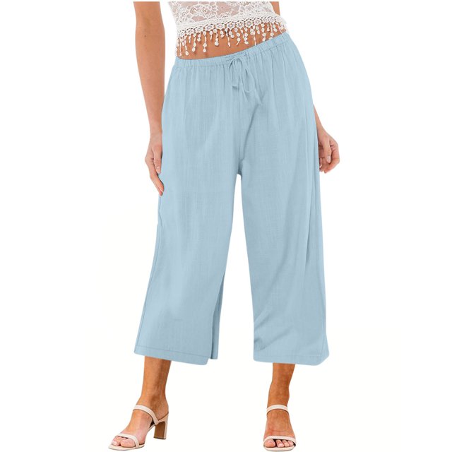 Yuyuzo Wide Leg Pants for Women High Waist Cotton Linen Drawstring Ruched Solid Color Boho Beach Trousers