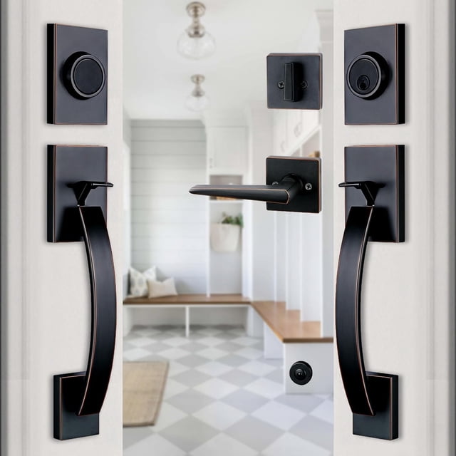 Front Double Door Traditional Style Keyed Entry Door Handleset with Lever Handle in Matte (Keyed and Dummy Set) MDHSTDBSETBR