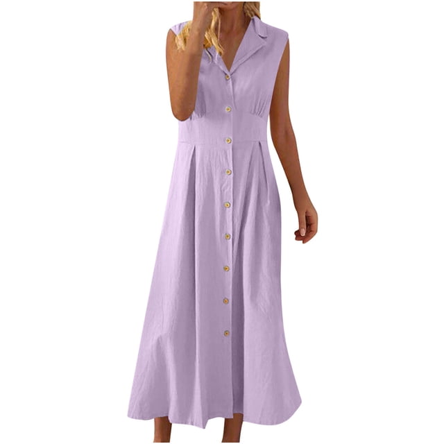 Amzcrzy Robes pour Femmes Couleur Unie Sans Manches Robes de Printemps Col en V à Boutons Robe d'Été Confortable Robe en Coton et Lin Tendance Col Rabattu Robes Maxi