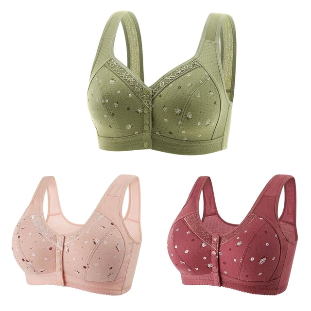 Timegard 3pc Plus Size Bras for Women Front Closure Button Full Support Bralette Comfort Seniors Bras