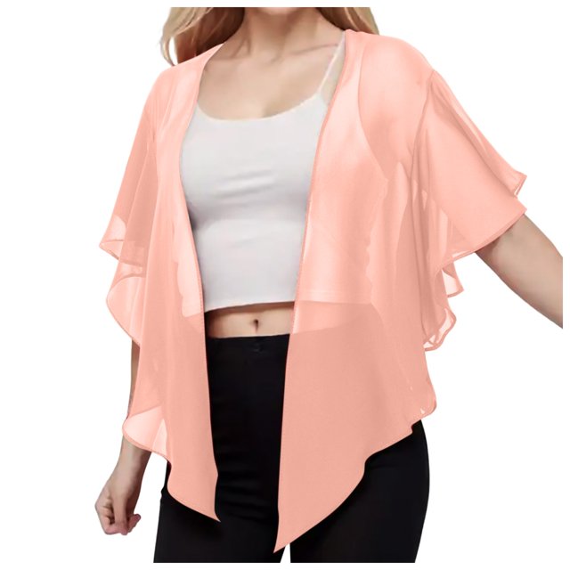 YOUSNH Châles en Mousseline pour Femmes à devant Ouvert avec Lien, Cardigan pour Robe de Soirée Rose, Taille Unique. La Matière en Mousseline Légère Présente un design Fluide à devant Ouvert avec Manches Courtes et Fermeture à Lien, Idéal pour Agencer avec des Robes de Soirée. le Modèle Met en Valeur le Châle sur un Haut Blanc et un Pantalon Noir, Mettant en Valeur Sa texture Semi-Transparente et un Drapé Élégant.