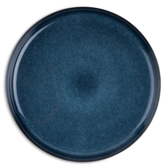 Thyme & Table Stoneware Round Dinner Plate, Atlantic Blue, a round ceramic plate with a smooth speckled deep blue finish and raised rim, designed for everyday dining and elegant table settings, also suitable as a versatile serving base.