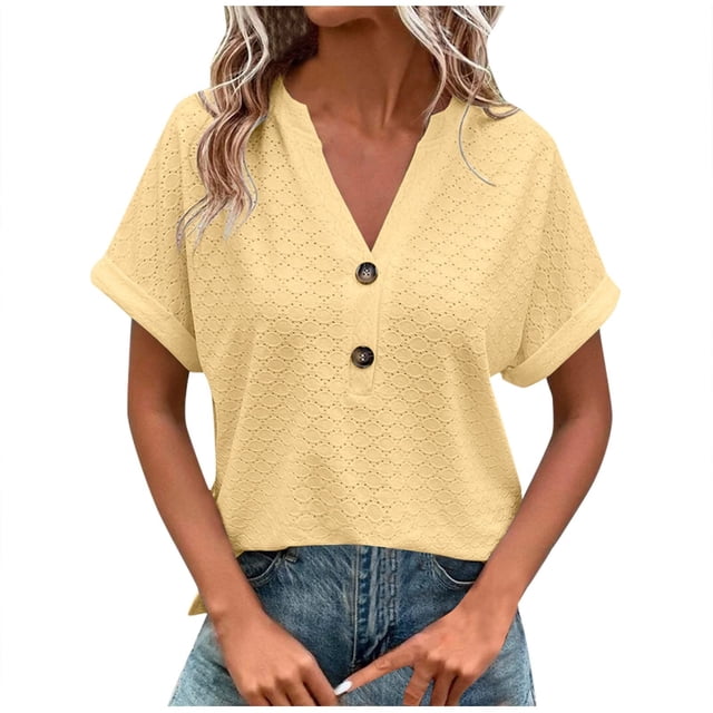 Dealovy Womesn Tops Summer Casual V Neck Buttons T-Shirts Short Sleeve Solid Color Loose Fitted Tees