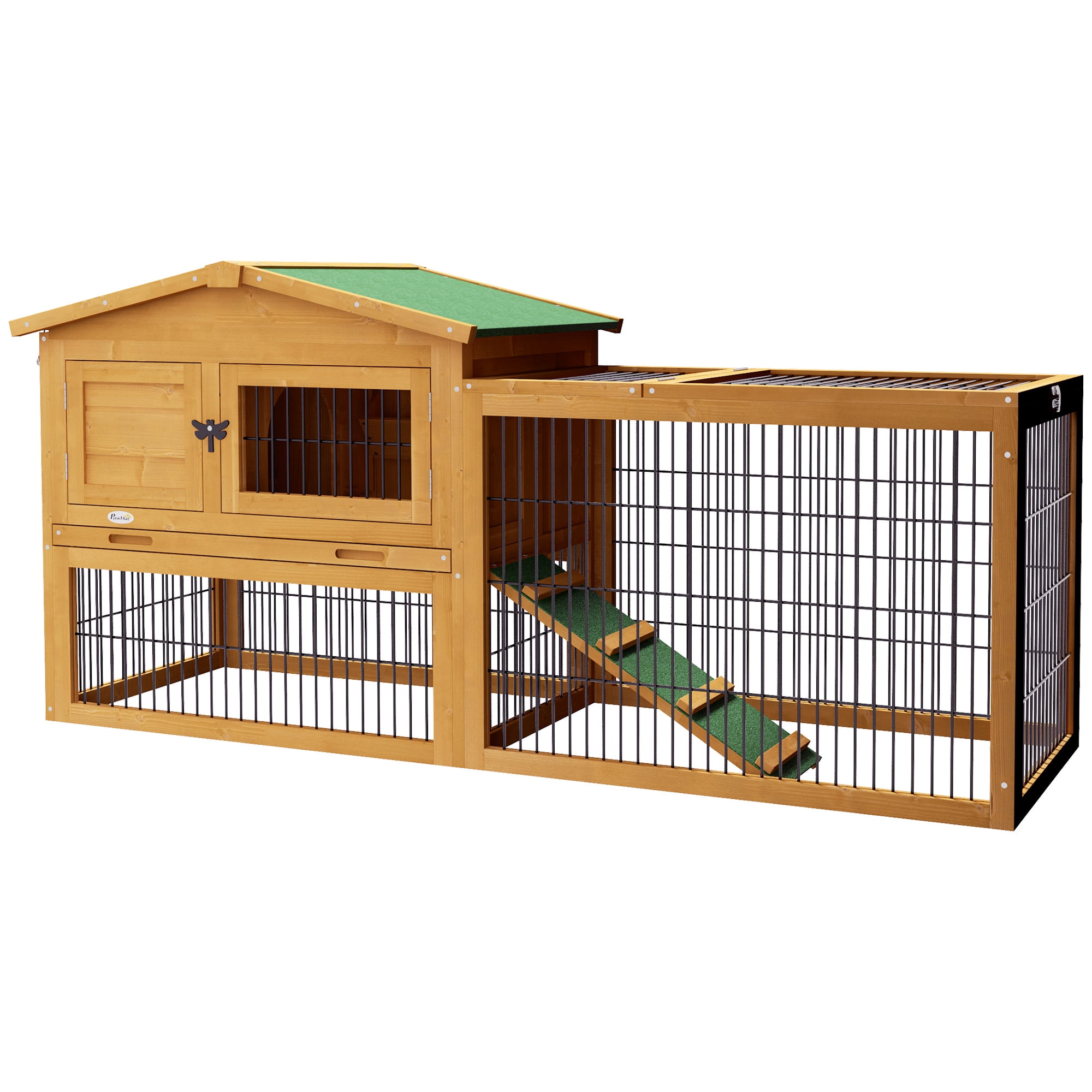 PawHut Wooden Rabbit Hutch w/ Ramp Openable Roof Pull-out Tray, Yellow