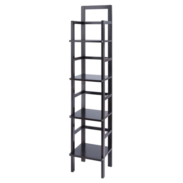 Aiden Baker's Rack, Narrow Coffee, a solid wood baker's rack in a rich coffee finish with five open shelves designed for versatile kitchen storage in small spaces, also suitable for displaying plants or books.