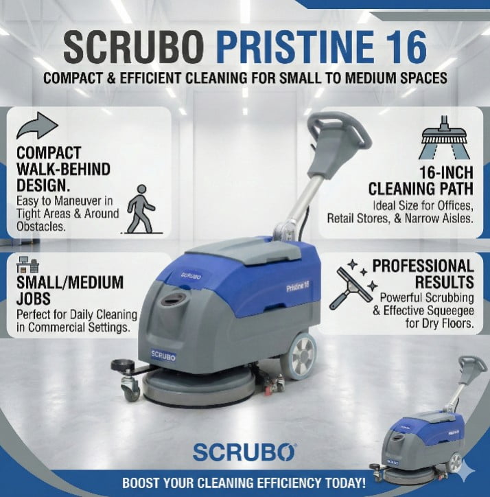 Scrubo Pristine 16 Commercial Floor Scrubber - Heavy Duty, Lithium-Ion Battery