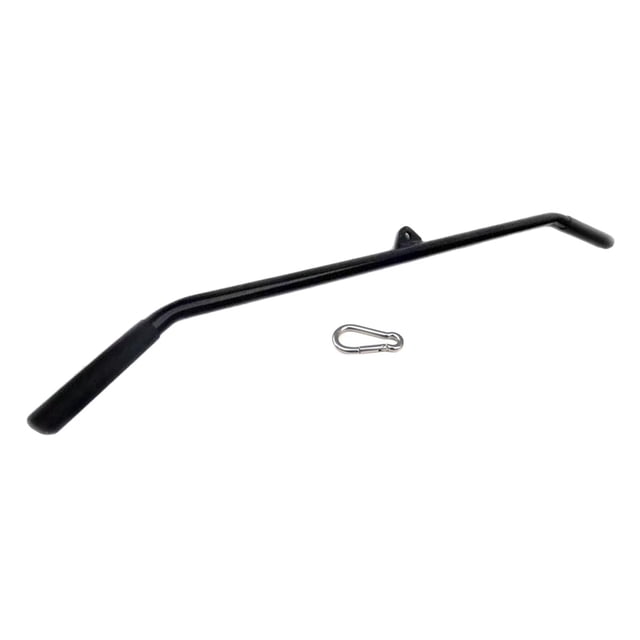 Jinwen LAT Pull Down Bar Attachment, a 1.2m triceps pull down bar for cable machines, made of durable black steel with a nonslip handle for a secure grip. Includes a carabiner for easy installation. Suitable for home gym setups, compatible with cable pulley systems, squat racks, and weight machines.