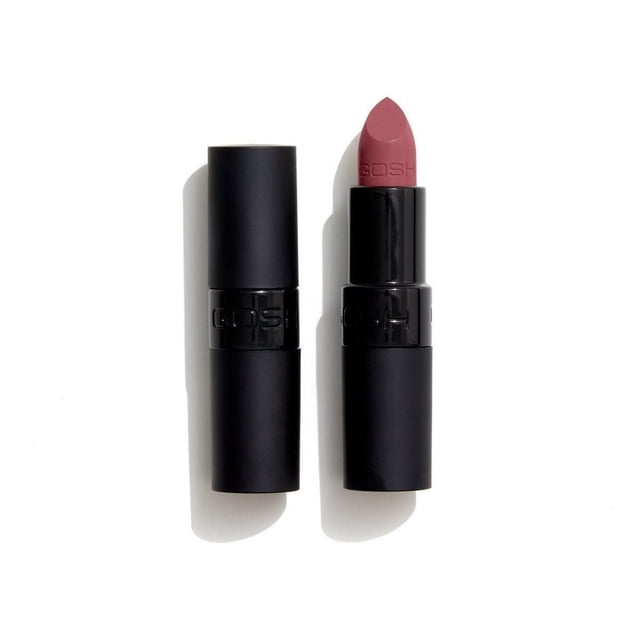 GOSH-Velvet Touch Lipstick -Sweetheart with a black matte tube and creamy muted pink lipstick embossed with GOSH, shown front-facing on a white background with soft shadows, offering intense, long-lasting colour and a glossy finish.
