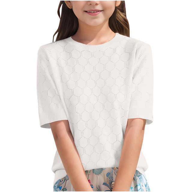 T-Shirts pour Filles Coupe Ample Col Rond Basique Blouses d'Été pour Enfants 6-14 Ans