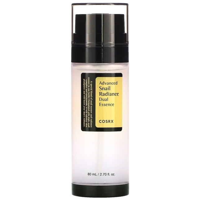 Cosrx Advanced Snail Essence Double Éclat, 2,70 fl oz (80 ml), un Sérum facial en Bouteille Transparente avec un Distributeur à Pompe Noir et Étiquette Jaune. Contient un triple Complexe d'Escargots et de la niacinamide pour Renforcer la plumpness et l'Éclat de la Peau.