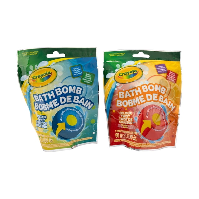 Crayola Lot de 2 Colour-Twist Bath Bomb avec Deux Sachets Refermables, un Parfum Brise Océan Bleue et un Parfum Fleur d'Oranger Rouge, Chacun 60 g (2,12 oz), Conçu pour Faire Pétiller et Tourbillonner des Couleurs Vibrantes dans l'Eau de Bain pour une Expérience Sensorielle Amusante et Sécuritaire pour les Enfants.