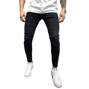 Fashnice Mens Stretch Trousers High Waist Skinny Jeans Tapered Leg Pants Ripped Frayed Summer Regular Fit Bottoms Black M