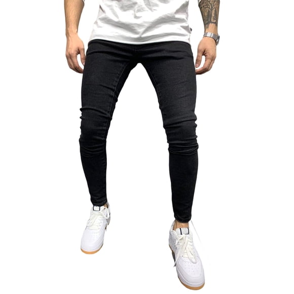 Fashnice Mens Stretch Trousers High Waist Skinny Jeans Tapered Leg Pants Ripped Frayed Summer Regular Fit Bottoms Black M