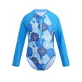 thumbnail image 1 of Kids Girls One Piece Long Sleeves Palm Trees Printed Swimsuit UV Protection Rash Guard Blue Flower 16, 1 of 7