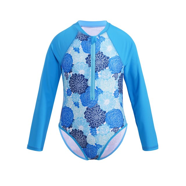 Kids Girls One Piece Long Sleeves Palm Trees Printed Swimsuit UV Protection Rash Guard Blue Flower 16