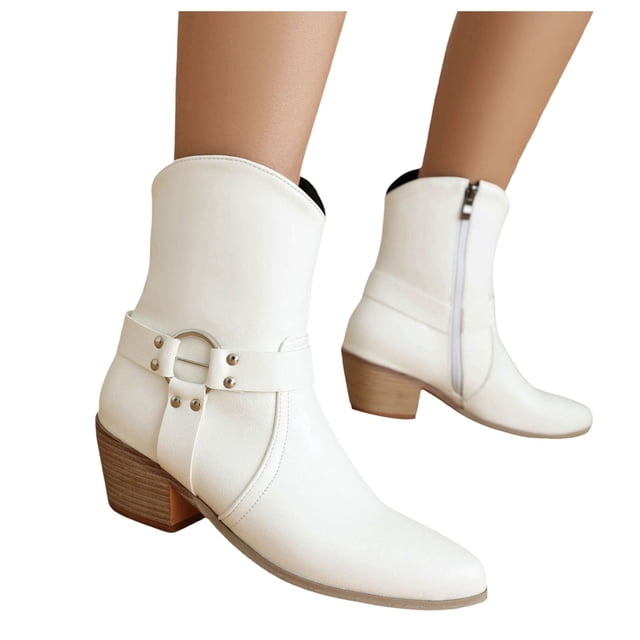 Womens Mens Cowboy Boots Classic Leather Buckle Pointed Toe Chunky Heels Wide Mid Calf Cowgirl Riding Work Booties