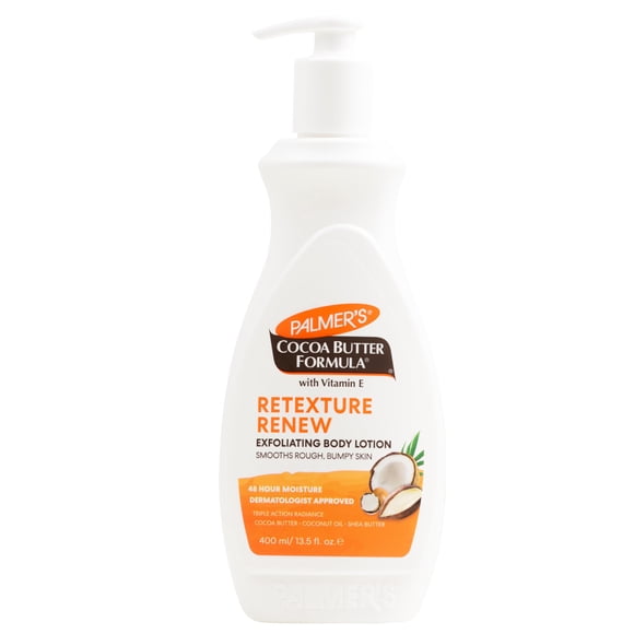 Palmers Cocoa Butter Formula Retexture Renew Exfoliating Body Lotion for Rough Bumpy Skin Triple Action Moisturizers AHAs Pump Bottle 135 Ounce
