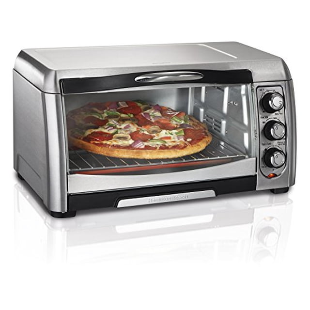Hamilton Beach (31333) Four Grille-Pain, Four à Convection, Électrique, Acier Inoxydable. Doté d'Une Grande Porte en Verre Courbée pour un Accès Facile, Cuisson par Convection pour une Répartition Uniforme de la Chaleur, et Réglages pour Griller, Cuire et Griller. Convient à une pizza de 12 Pouces et Comprend un Plateau à Miettes Amovible, un Plat de Cuisson et un Grille-Gril. Conception Compacte pour Comptoir avec Fini en Acier Inoxydable.