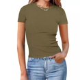 thumbnail image 2 of Plebaso Women's Basic T Shirts Ribbed High Neck Slim Tee Shirts Short Sleeve Casual Solid Color Tshirts, 2 of 6