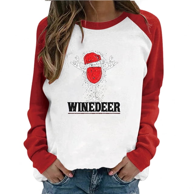 T-shirt de Noël pour Femmes T-Shirt de Printemps Patchwork de Noël Imprimé Manches Longues Col Rond T-Shirt Décontracté