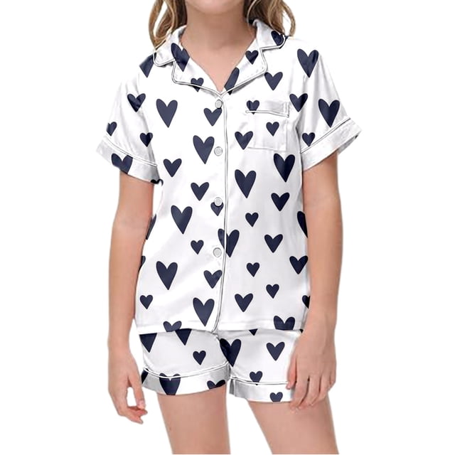 Hiiyo Pyjama à Manches Courtes avec Imprimé Cœurs pour Grandes Filles, Tailles 2-13