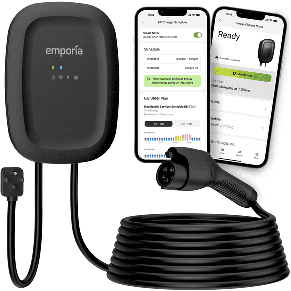 EMPORIA ENERGY Level 2 EV Charger | Up to 48 Amp | 24-Ft Cable | WiFi Enabled Smart EV Charger | NEMA 14-50 or wired | smart Indoor/Outdoor Charging Station | ULc & Energy Star