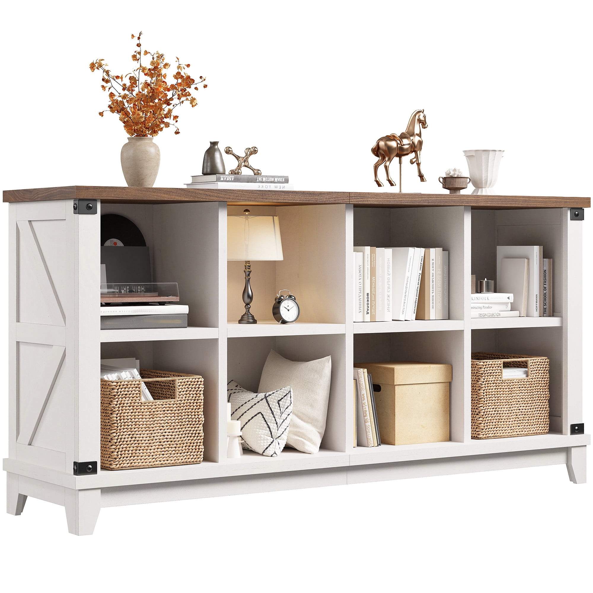 Exenoray Farmhouse Cube Storage Bookshelf, 8 Cube Organizer Cabinet with Open Shelves, Wood Bookcase for Living Room, Bedroom & Home Office, Antique White, 49.1" W