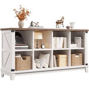 Exenoray Farmhouse Cube Storage Bookshelf, 8 Cube Organizer Cabinet with Open Shelves, Wood Bookcase for Living Room, Bedroom & Home Office, Antique White, 49.1" W