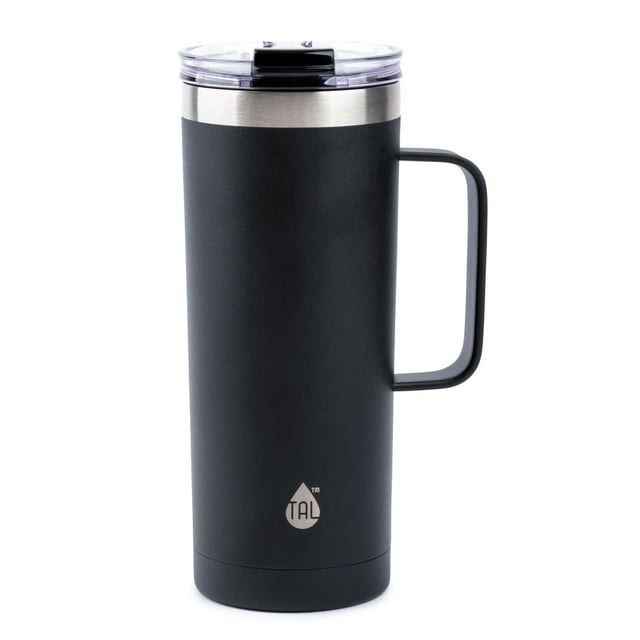 TAL Tasse à Café en Acier Inoxydable Mountaineer 20 fl oz, Noire, avec un Corps en Acier Inoxydable Noir Mat à Double Paroi, un Couvercle Transparent Anti-Déversement et une Poignée Rectangulaire, Conçue pour Garder le Café Chaud pendant des Heures et Idéale pour les Voyages Ou l'Extérieur.