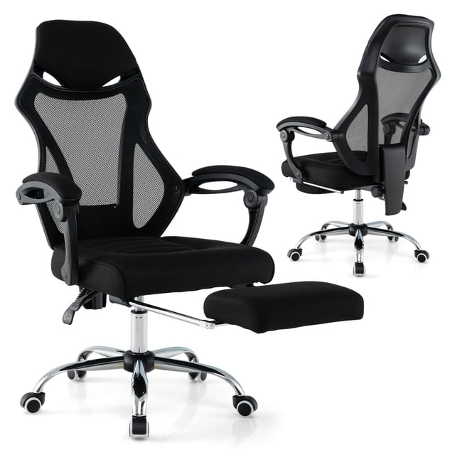 Costway Chaise de Bureau Ergonomique en Maille avec Repose-Pieds Conçue pour les Installations de Mobilier de Bureau. Comprend un Dossier en Maille Respirante Noir, une Hauteur de Siège Réglable, un Repose-Pieds Rétractable et un Dossier Inclinable Réglable de 90° à 135+. la Chaise a des Accoudoirs à Liaison, un Siège Courbé et une base Métallique Robuste à 5 Griffes avec Roues Universelles pour un Mouvement Fluide, Idéale comme Chaise de Bureau.