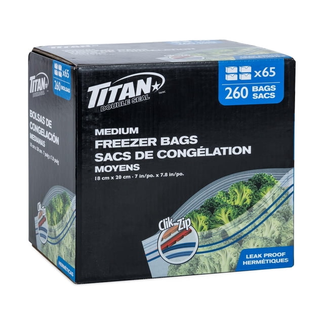 TITAN MEDIUM FREEZER BAGS box containing 260 leak-proof double seal bags measuring 18 cm by 20 cm (7 by 7.8 inches), designed for secure frozen food storage with Clik-Zip closure, shown with broccoli illustration on packaging.