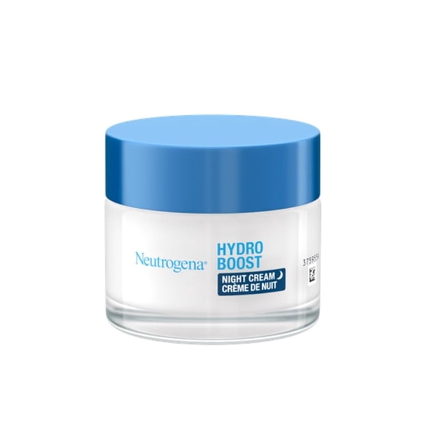 Neutrogena Hydro Boost Night Cream 50ml / 1.7 fl oz in a clear jar with a blue lid. The label highlights its oil-free, non-sticky formula for overnight hydration and strengthening the skin's moisture barrier. Ideal as a face moisturizer for dry, sensitive, oily, normal, and combination skin, including acne-prone skin.