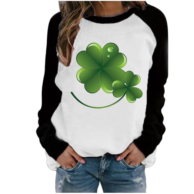 Besolor Womens St. Patrick's Day Shirts Long Sleeve Sweatshirt Cute Color Block Clover Shamrock Pullover Tops for Party
