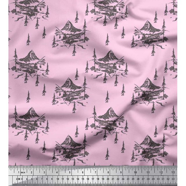 Soimoi Pink Modal Satin Fabric Cedar Tree & Mountain Nature Fabric Prints By Yard 42 Inch Wide