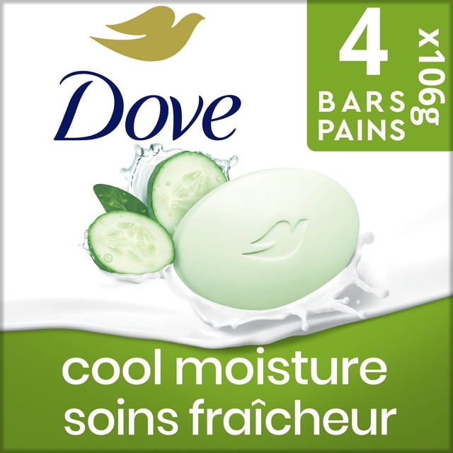 Dove Emballage de Barre de Beauté Soins de la Peau Concombre et Thé Vert Montrant une Barre de Savon Ovale Vert Pâle Embossée du logo Dove bird, des Tranches de Concombre Fraîches et une Touche de Lait, Étiquetées comme 4 Barres de 106 g Chacune avec un Parfum d'Hydratation Frais en Anglais et en Français.
