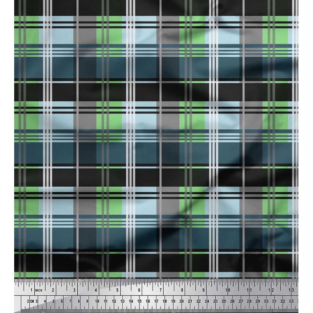 Soimoi Green Modal Satin Fabric Check Check Print Fabric by the Yard 42 Inch Wide