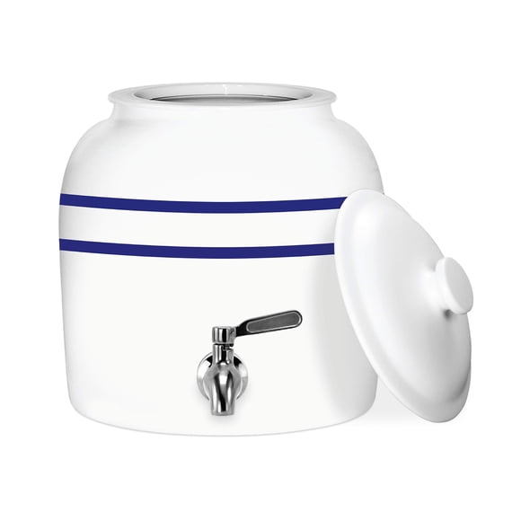 Geo Sports Distributeur d'Eau en Porcelaine et Céramique Type Crock, Robinet en Acier Inoxydable, Valve et Couvercle Inclus. Convient aux Cruches de 3 à 5 Gallons. (Rayure Bleue)