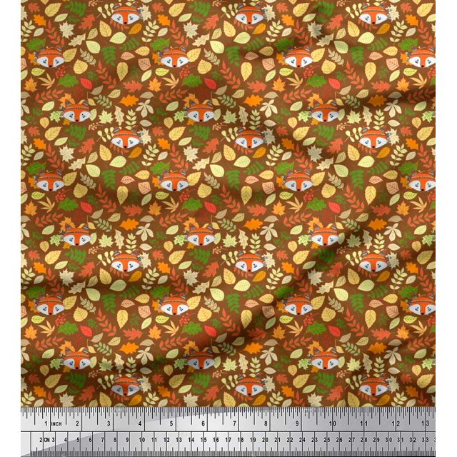 Soimoi Moss Georgette Fabric Leaves & Fox Face Cartoon Print Fabric by Yard 42 Inch Wide