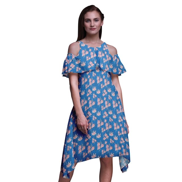 Bimba Robe Droite à Épaules Dénudées pour Femmes, Tunique de Fête à Col Rond, Imprimée Florale Bleue - Moyen