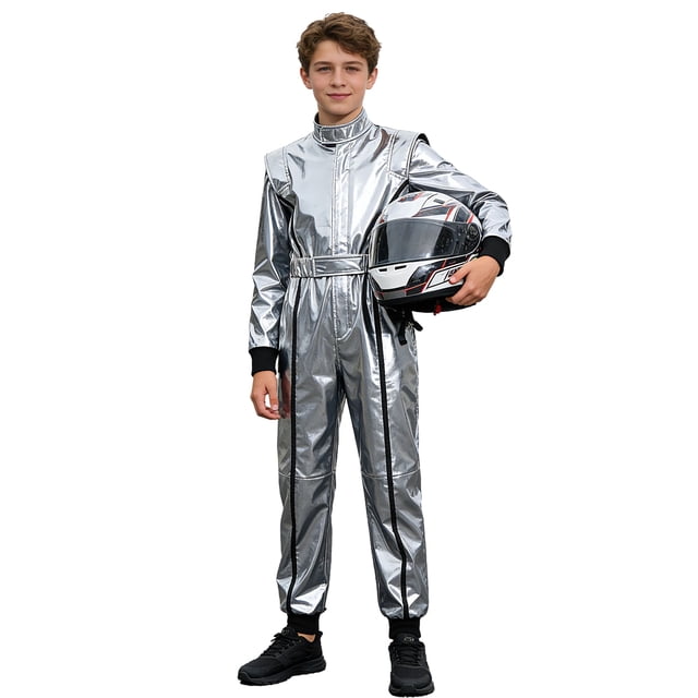 Raenseen Enfants Garçons Combinaison de Course Métallique Combinaison de Course Pilote de Course Équipement Moto Ensemble de Chandail Argent 16