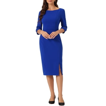 INSPIRE CHIC Women's Sheath Dress Boat Neck 3/4 Sleeves Split Hem Wear-to-Work Midi Dresses XS Royal Blue