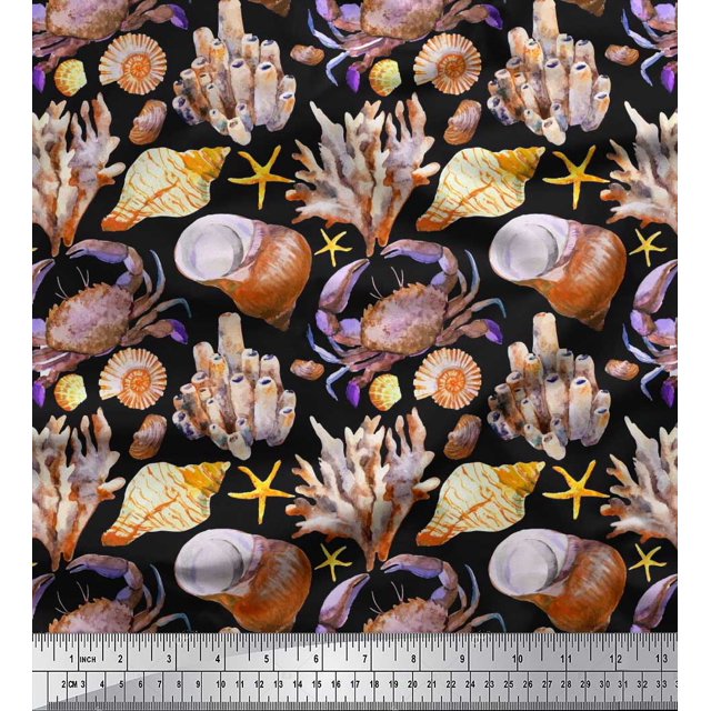 Soimoi Black polyester Crepe Fabric Crab,Shell & Coral Ocean Printed Fabric 1 Yard 52 Inch Wide