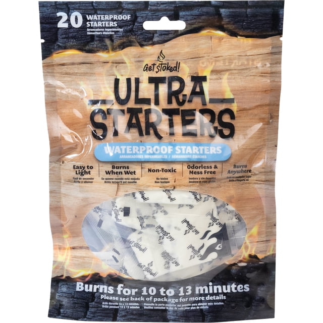 Get Stoked! Ultra Starters waterproof fire starters pack of 20, easy to light and burns when wet, non-toxic and odorless, mess-free design ideal for camping gear and outdoor fire ignition in wet weather conditions.